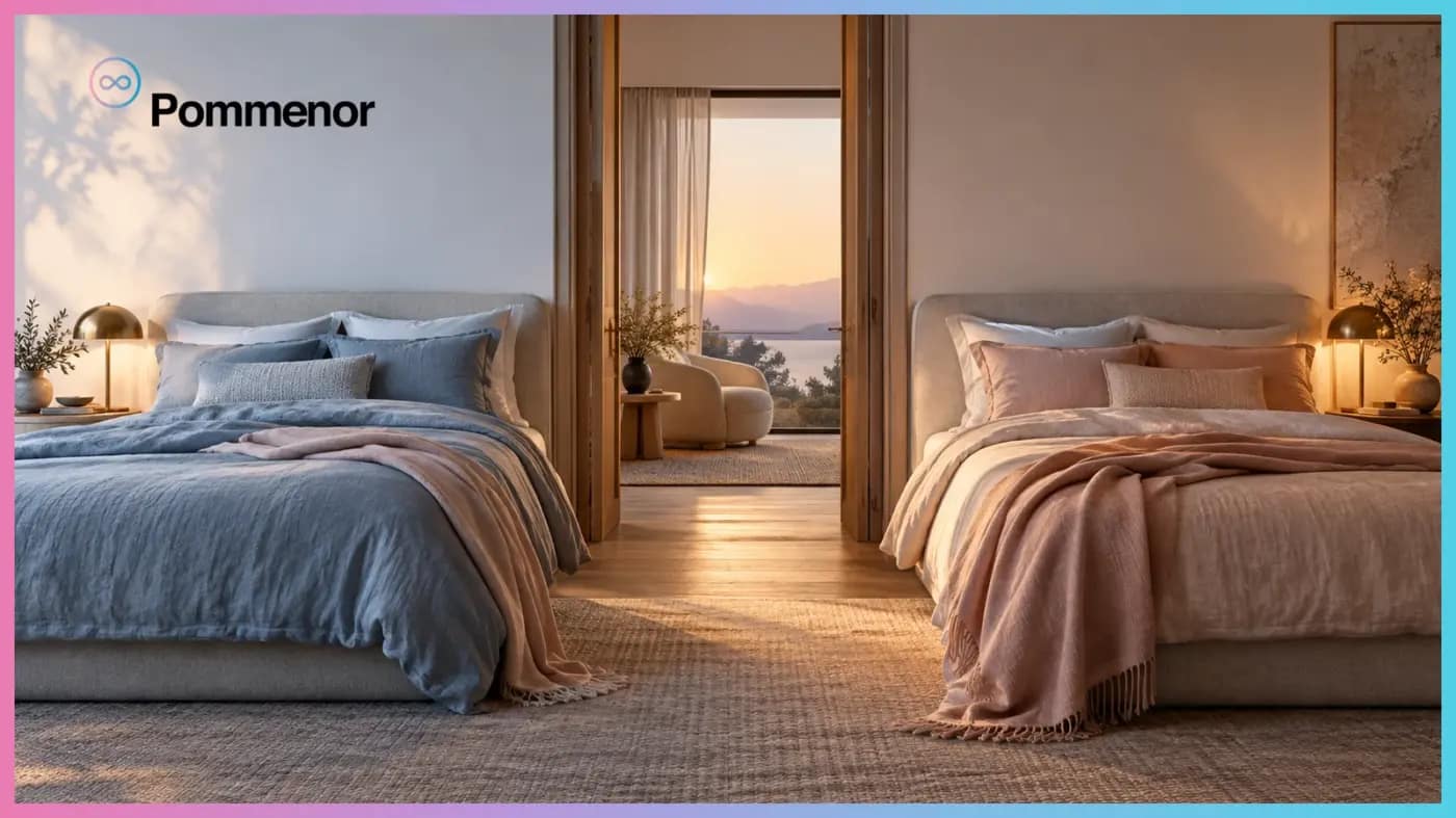 Due letti separati in camere comunicanti con luce dell’alba, Hero Pommenor sullo sleep divorce e il desiderio