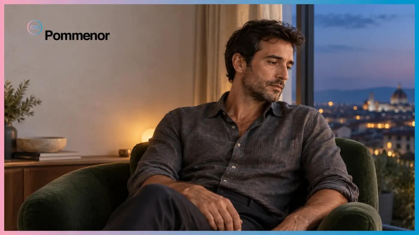 Uomo adulto in camicia grigia seduto accanto a una finestra al crepuscolo, con logo Pommenor in alto a sinistra.