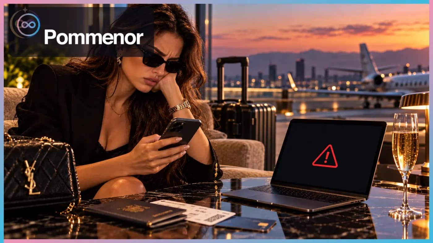 Revolut down oggi: viaggiatrice in lounge aeroportuale con avviso di pagamento, cornice rosa e azzurra e logo originale Pommenor