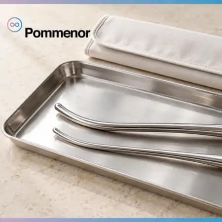 Due strumenti metallici curvi su un vassoio, accanto a una custodia chiara, con logo Pommenor.