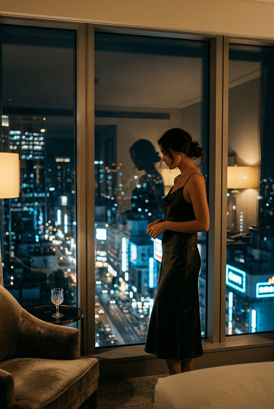 Donna impeccabile alla finestra di una suite, segno silenzioso di solitudine emotiva e desiderio di connessione.