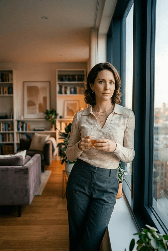 Donna sofisticata accanto a una finestra mentre pensa al sesso prematrimoniale e alla convivenza