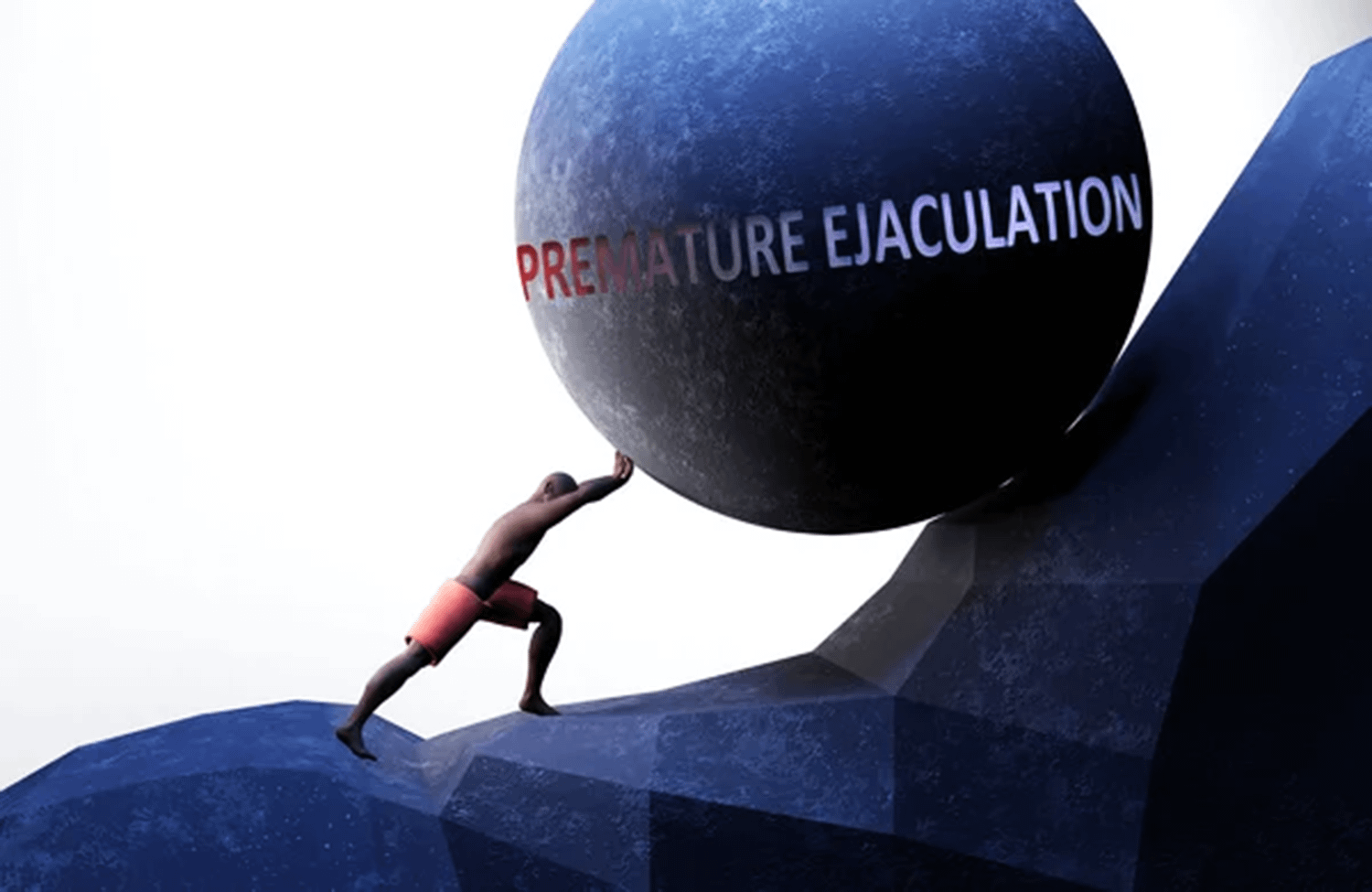 Rappresentazione di un uomo che spinge una sfera gigante, un concetto simbolico delle cause eiaculazione precoce.