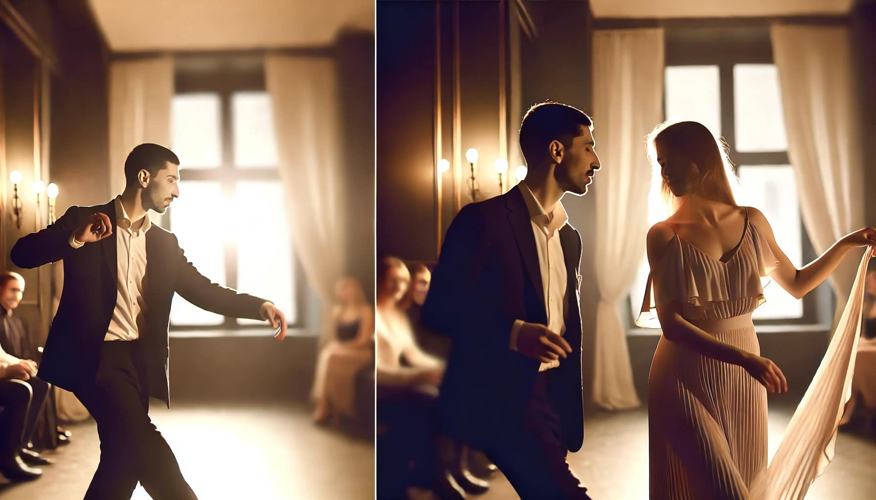 Coppia che balla una danza sensuale in una stanza poco illuminata, creando un'atmosfera di intimità.