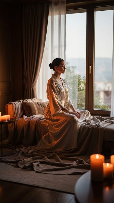 Donne e coppie in un ritiro di lusso per il benessere sessuale: stanza privata con tessuti morbidi e luce intima