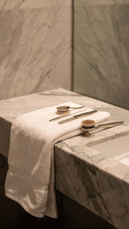 Dettaglio verticale e raffinato sulla rasatura intima come gesto di cura personale.