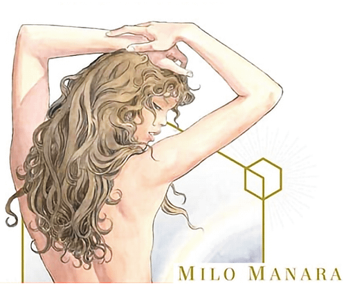 Disegno di una donna di spalle di Milo Manara, rappresentata con i capelli sciolti, in posa elegante.