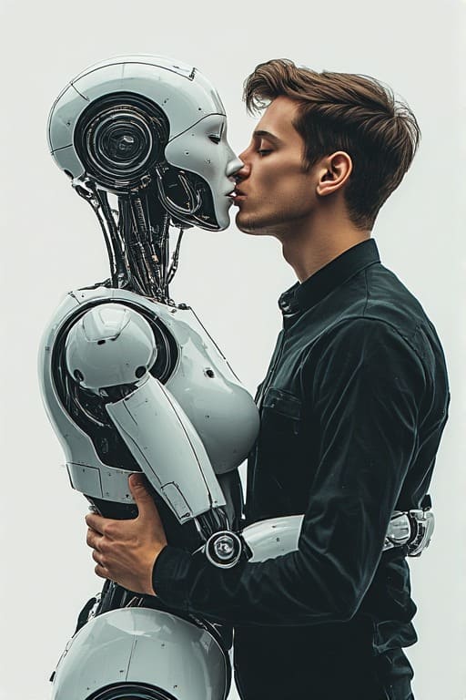 Uomo che bacia un robot umanoide in una rappresentazione simbolica dell’AI sexting