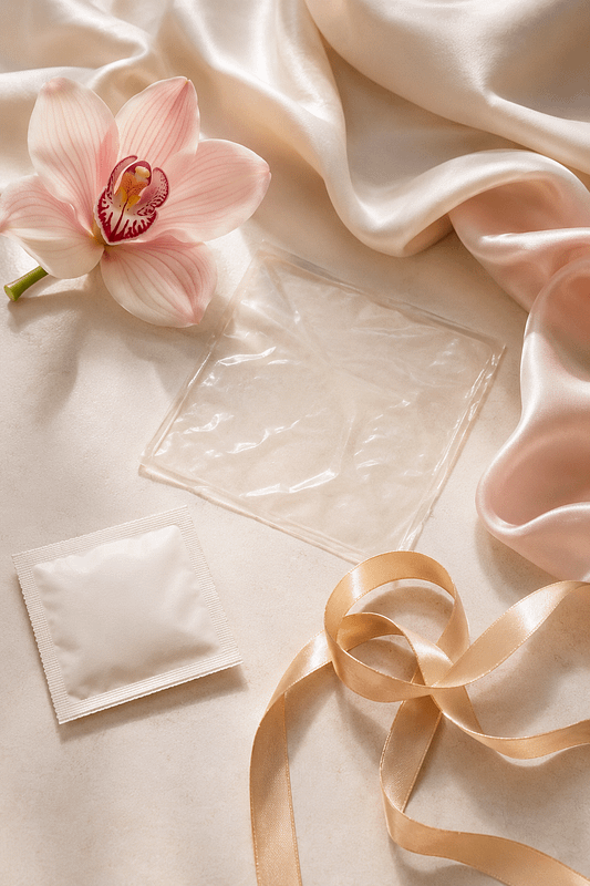 Orchidea rosa e dental dam trasparente su seta chiara