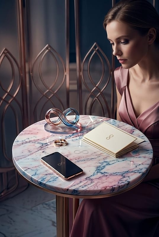 Donna elegante accanto a un tavolo con smartphone e simbolo dell'infinito che rappresenta connessioni esclusive e relazioni autentiche.
