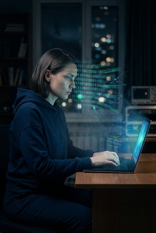Donna al computer con proiezioni di dati digitali sul viso per la protezione dell'identita online, guida Pommenor