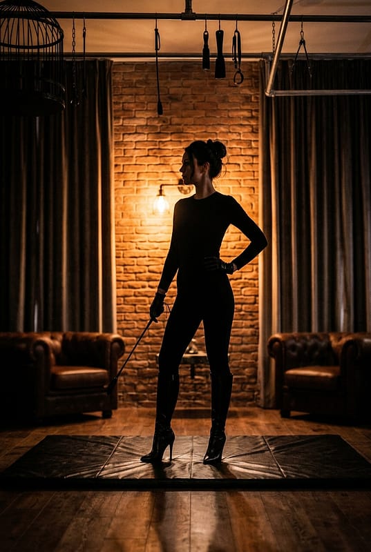 Silhouette elegante di una dominatrice che indossa tacchi a spillo neri, pronta per una sessione di trampling esclusivo.