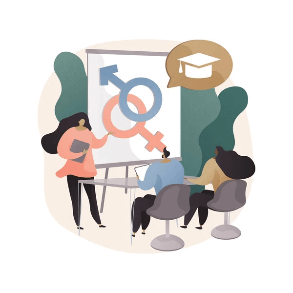 Lezione su salute sessuale con simboli di genere durante un corso di educazione sessuale.