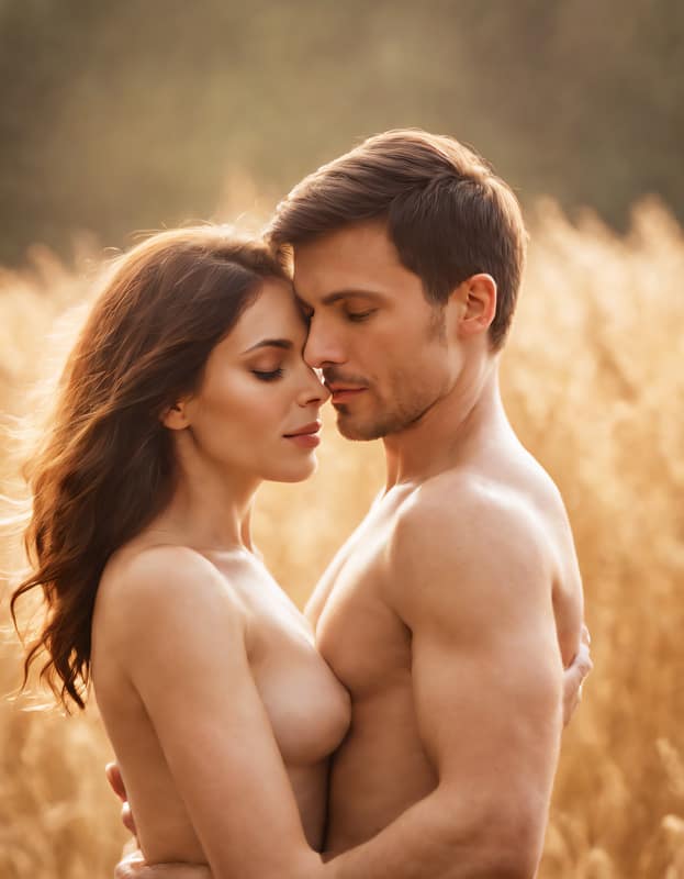 Coppia abbracciata in un campo dorato, un momento di intimità e connessione che esprime la Sessualità senza Penetrazione.