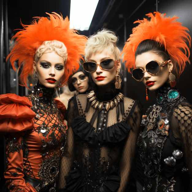 Tre donne con abiti eleganti e accessori audaci che interpretano fantasie sexy Halloween 2024 con un look glamour e gotico.