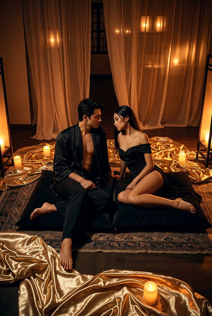 Scena sofisticata ispirata al tantra sessuale moderno con connessione energetica in ambiente Pommenor