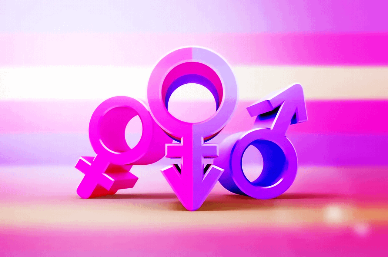 Simboli che rappresentano il sesso con trans su sfondo rosa, simbolo di trasgressione amorosa.