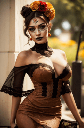 Donna in abito tradizionale e fiori per El Día de los Muertos - Pommenor