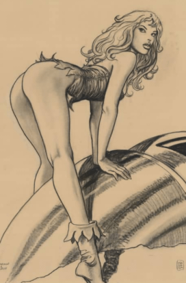 Donna in posa sensuale su una superficie futuristica, disegnata da Milo Manara in stile fantasy.