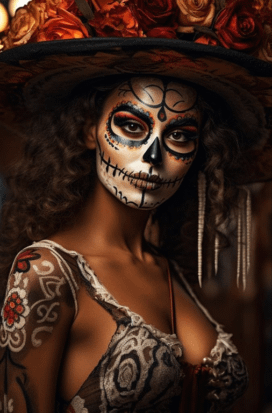 Donna con sombrero decorato e trucco per El Día de los Muertos - Pommenor