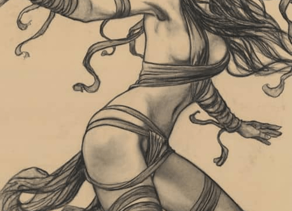 Guerriera sensuale con una spada, disegnata da Milo Manara, con pose e dettagli audaci.