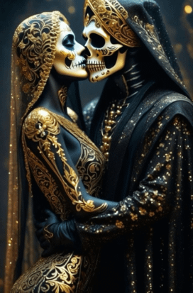 Coppia elegante con maschere da teschio per El Día de los Muertos - Pommenor