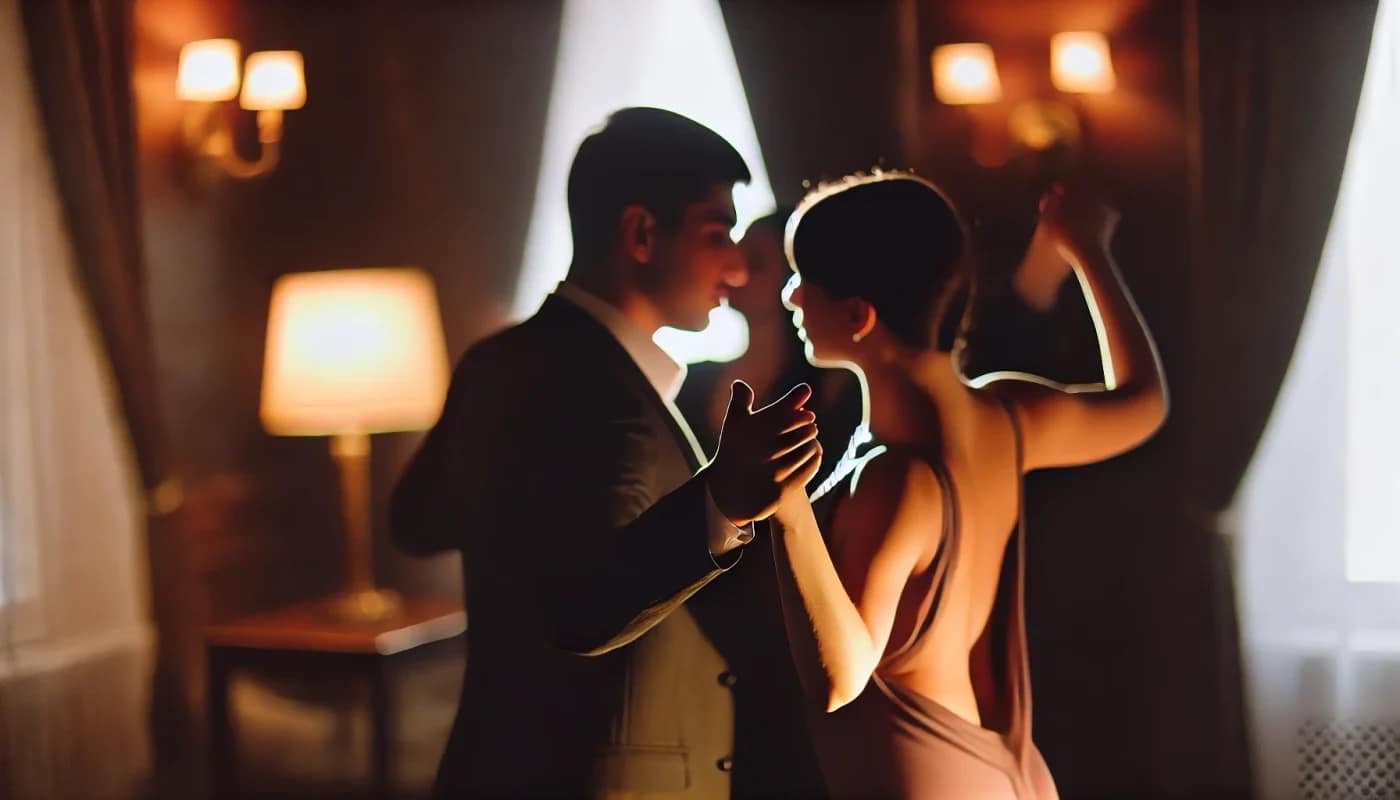 Coppia che esegue una danza sensuale in un ambiente romantico con luce soffusa e vestiti eleganti.