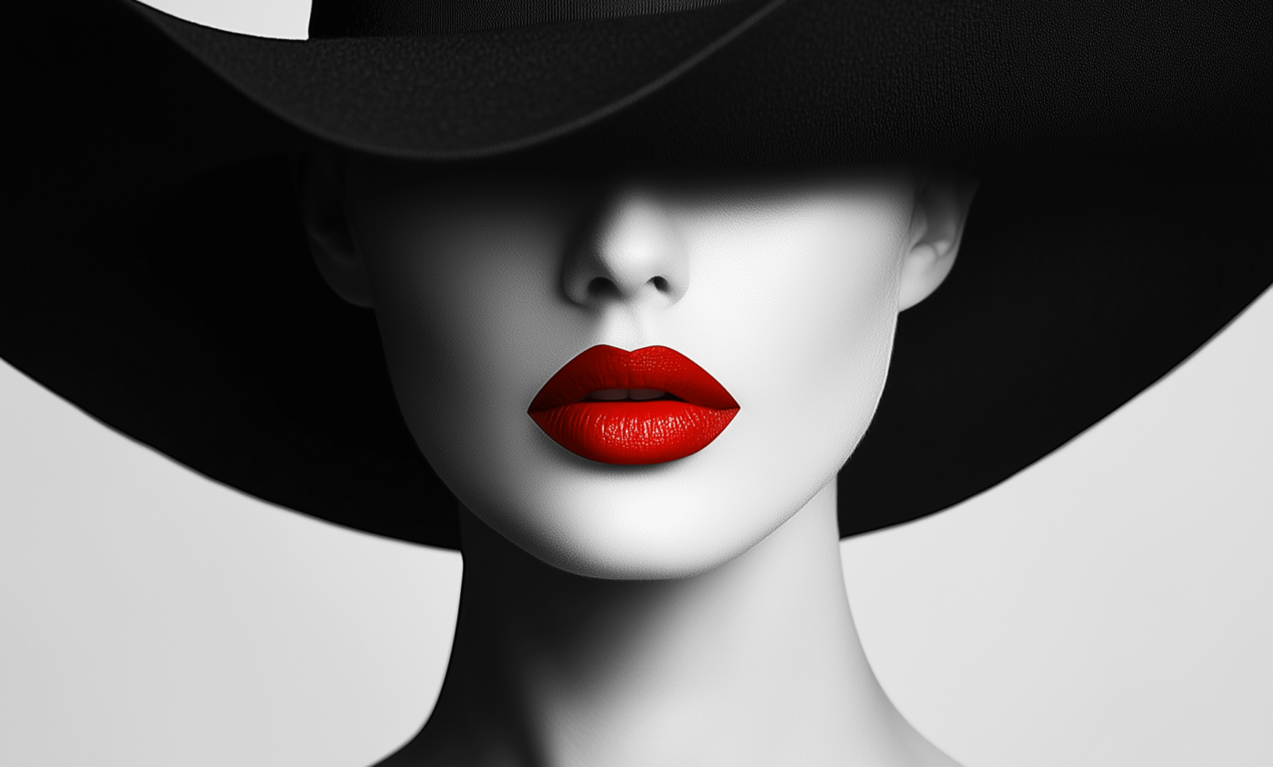 Ritratto in bianco e nero di una donna con cappello nero, dove sono visibili solo le sue labbra rosse, rappresentando l
