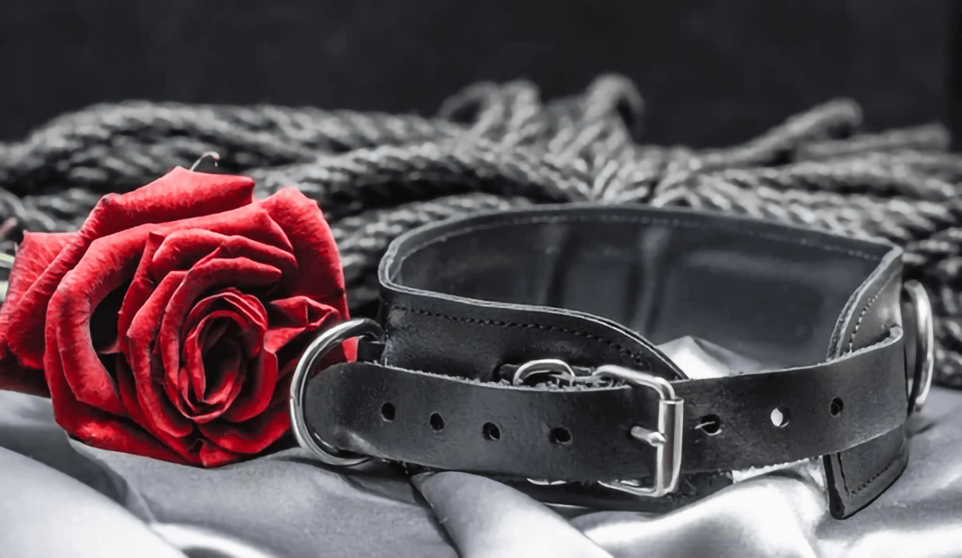 Collare di pelle nera con fibbia accanto a una rosa rossa e corde nere, simboli delle pratiche BDSM.