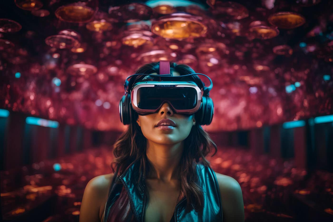 Donna con visore VR e cuffie immersa in un ambiente futuristico, simbolo di sexting e intimità virtuale con Pommenor.