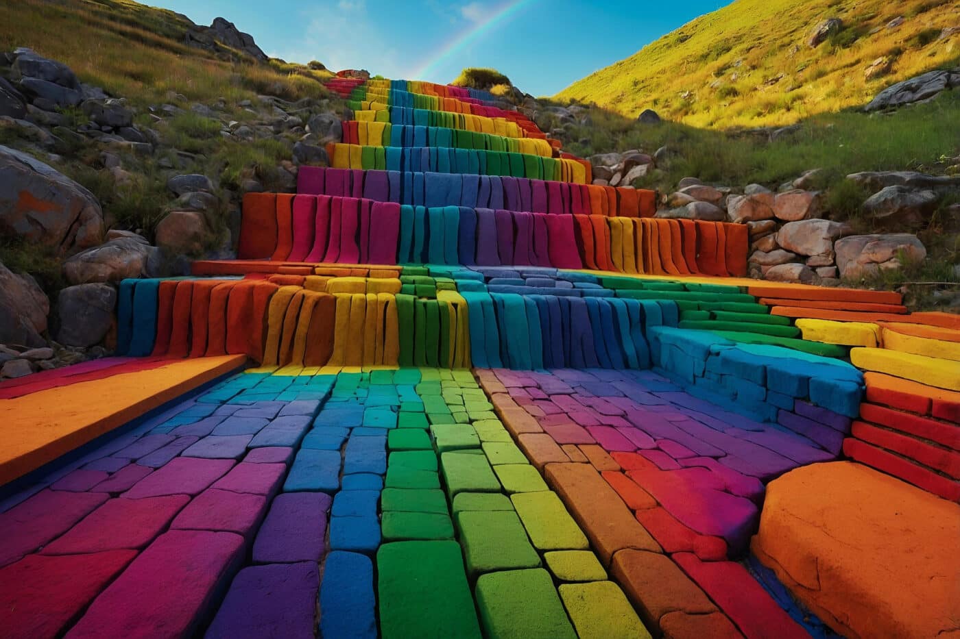 Scala arcobaleno in un paesaggio naturale, simbolo del cammino della famiglia queer verso la libertà.