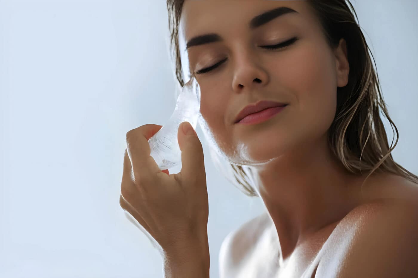 Donna che applica ghiaccio sul viso come parte della sua routine ice facial – skincare naturale Pommenor