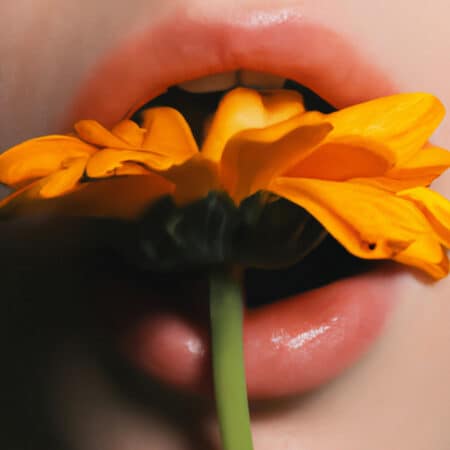 Labbra femminili che sfiorano un fiore giallo, simbolo di seduzione olfattiva secondo l’estetica sensuale Pommenor.