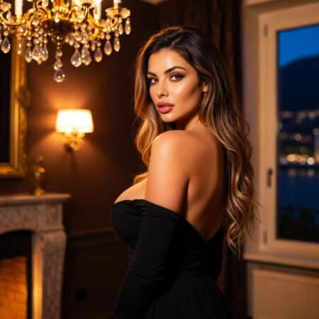 Donna elegante in un salotto di lusso con vista sul lago, perfetta per rappresentare un incontro con un’escort a Lugano su Pommenor.