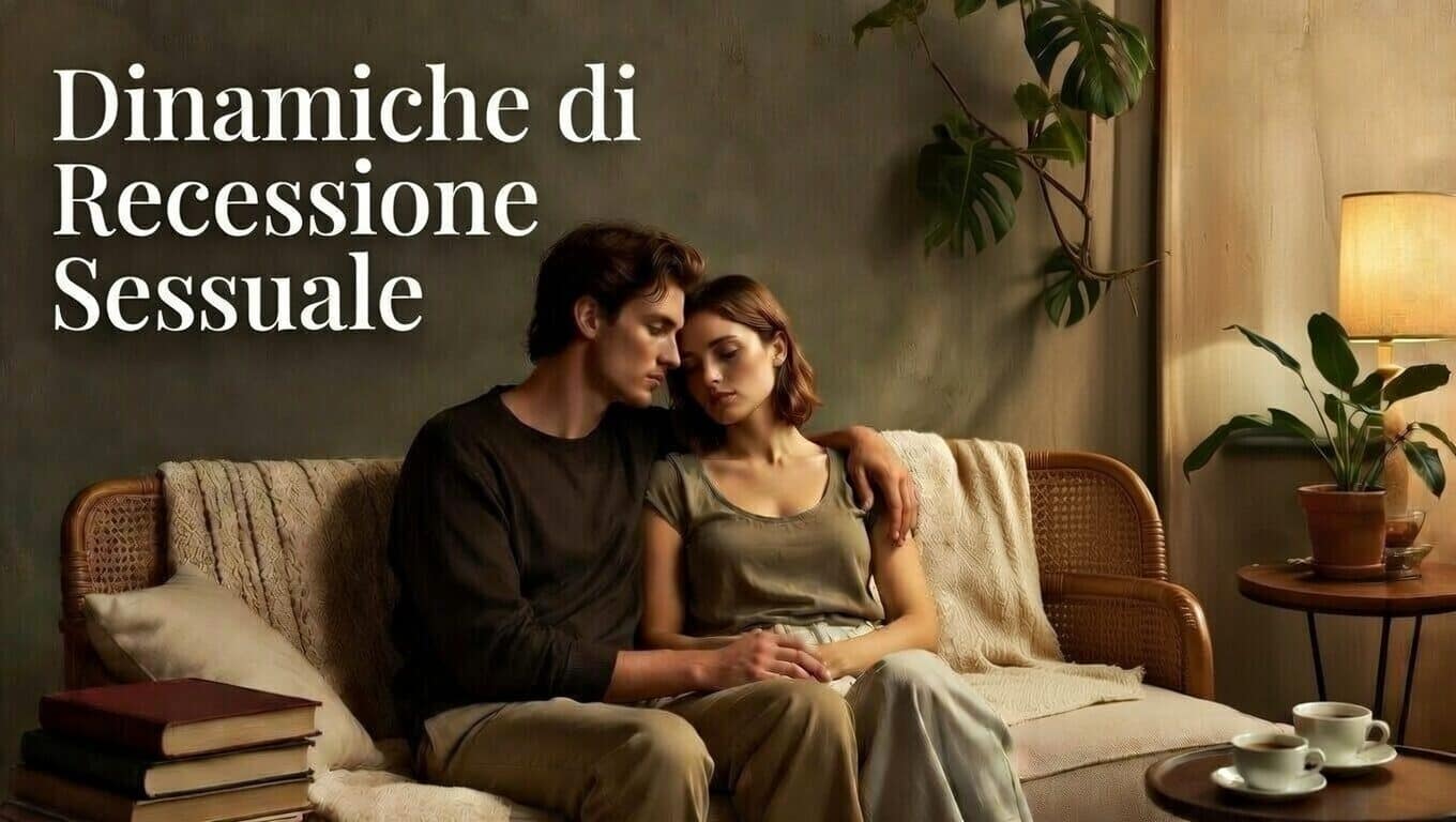 Recessione sessuale e dinamiche relazionali: coppia elegante in atmosfera intima luxury Pommenor