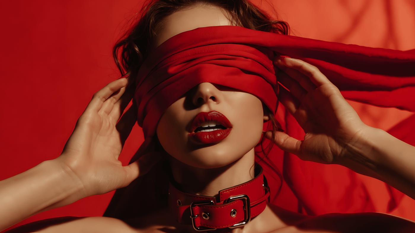 Ritratto raffinato con benda rossa simbolo di giochi mentali erotici e tensione sensoriale