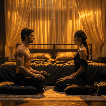 Atmosfera sensuale ed elegante che rappresenta il tantra sessuale moderno in un ambiente luxury Pommenor