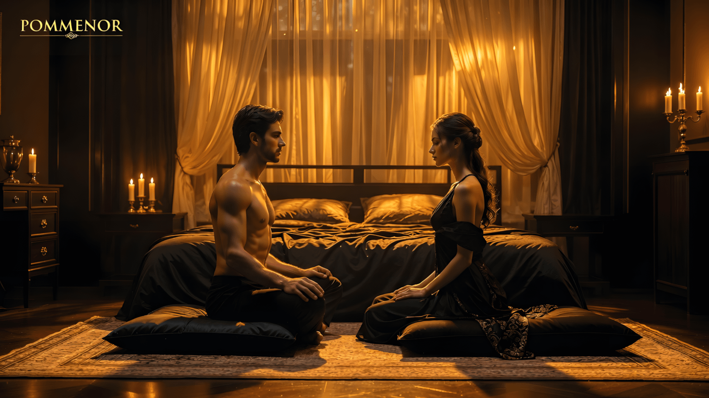 Atmosfera sensuale ed elegante che rappresenta il tantra sessuale moderno in un ambiente luxury Pommenor