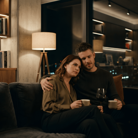 Coppia elegante in un appartamento di design riflette sul sesso prematrimoniale durante la convivenza