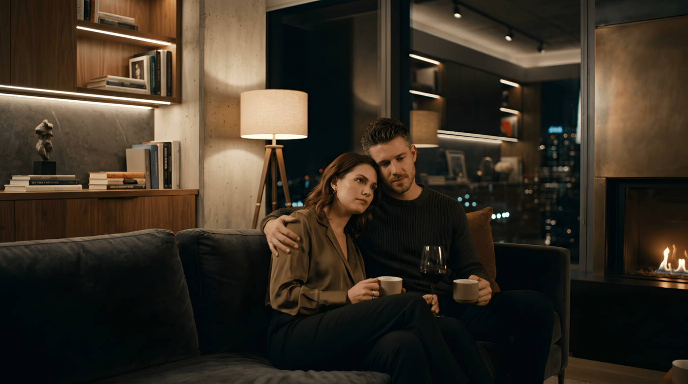 Coppia elegante in un appartamento di design riflette sul sesso prematrimoniale durante la convivenza