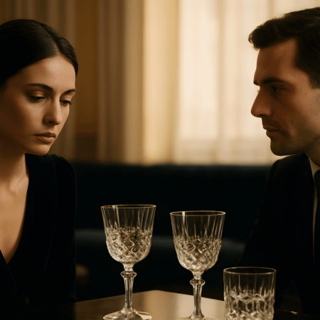 Donna elegante con un uomo in un lounge notturno, immersa nella solitudine emotiva tra luci soffuse e presenze distratte