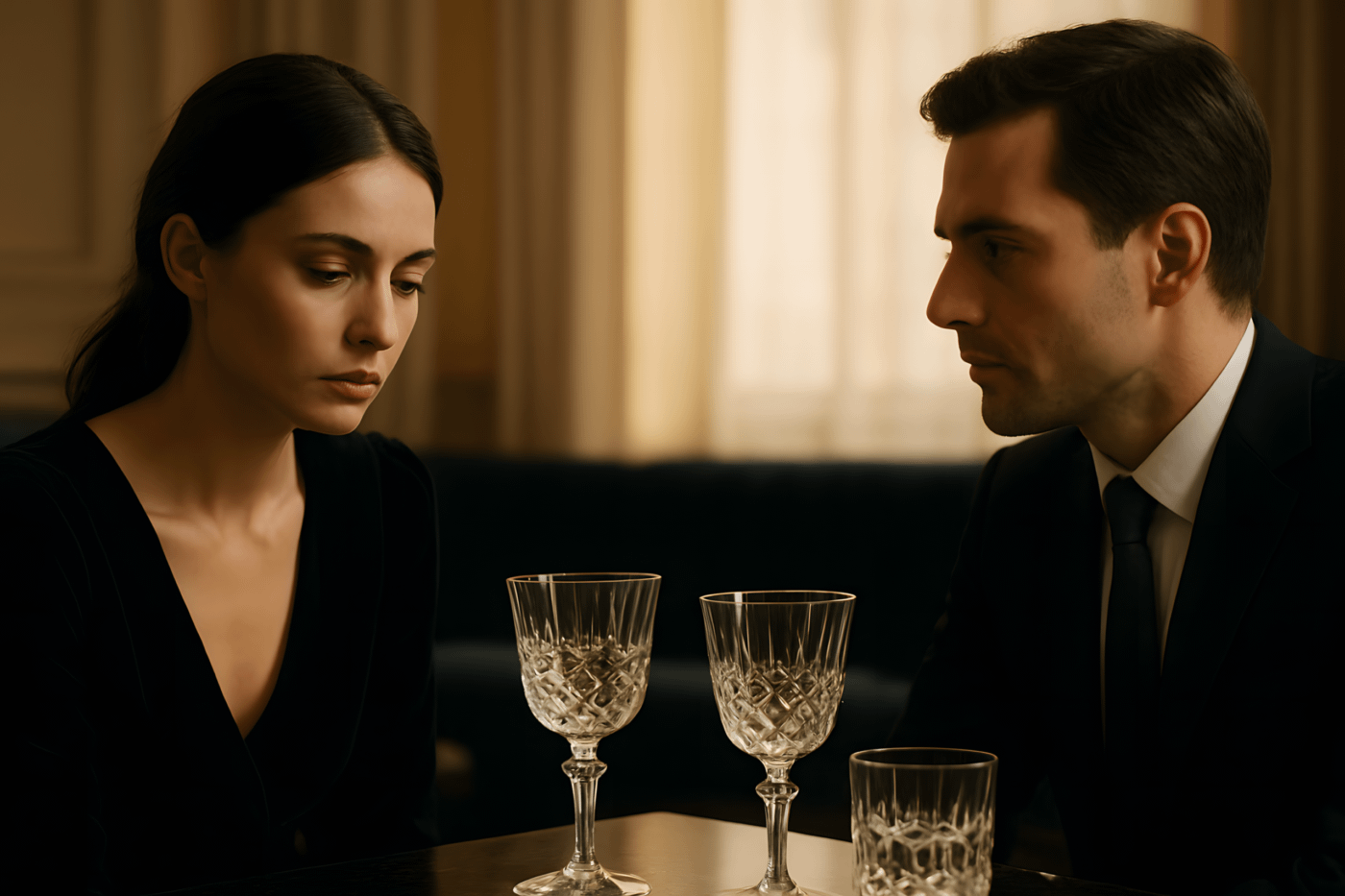 Donna elegante con un uomo in un lounge notturno, immersa nella solitudine emotiva tra luci soffuse e presenze distratte