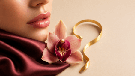 Labbra femminili, seta bordeaux ed una orchidea per le FAQ sul Daty