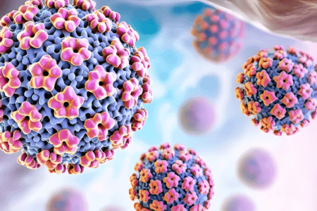 Rendering medico 3D di particelle virali, come quelle analizzate nello screening malattie sessualmente trasmissibili.