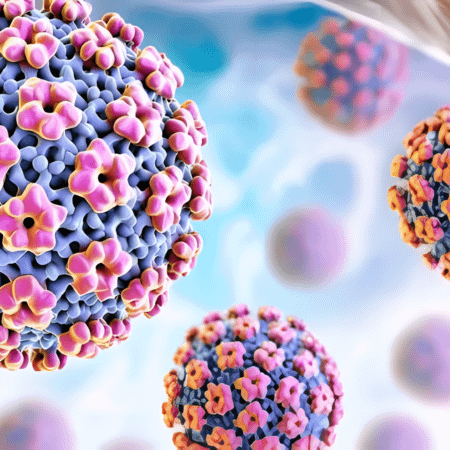 Rendering medico 3D di particelle virali, come quelle analizzate nello screening malattie sessualmente trasmissibili.