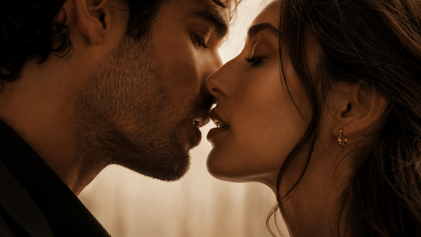 Uomo e donna si sfiorano le labbra, simbolo di bacio e intimità | Pommenor