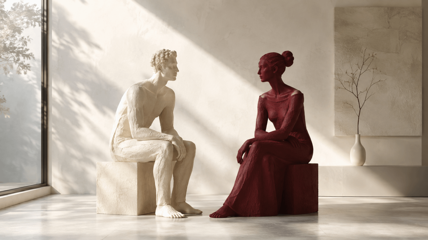 Due figure scultoree uomo e donna in dialogo in un interno luminoso | Pommenor