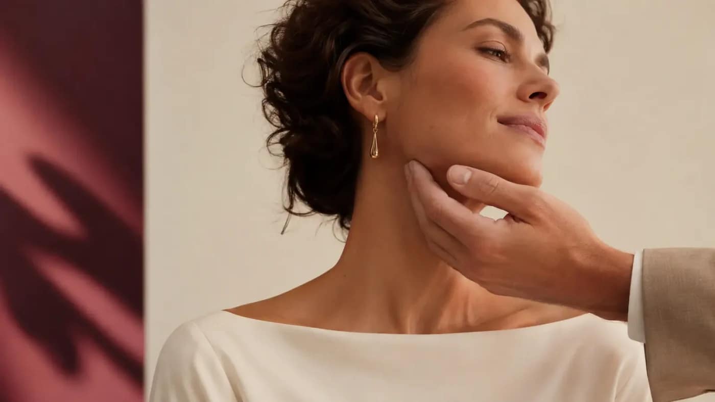Donna con il capo reclinato mentre una mano le accarezza delicatamente il collo