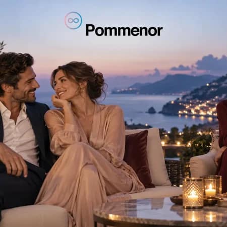 Compersione nelle relazioni rappresentata da tre adulti su una terrazza elegante, immagine Pommenor